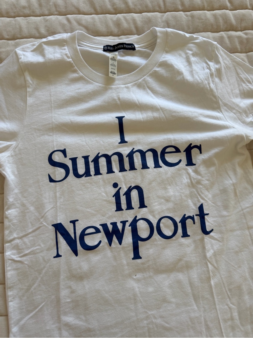 Kiel James Patrick White Tee with Navy Blue "I Summer in Newport" Print